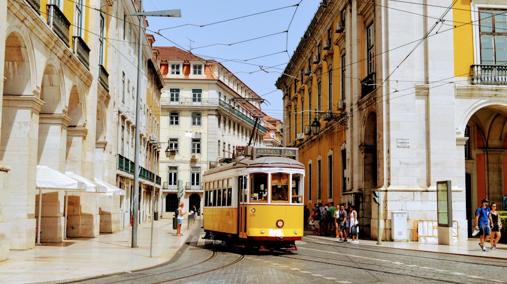 The yellow Tram 28 on a classic Lisbon street